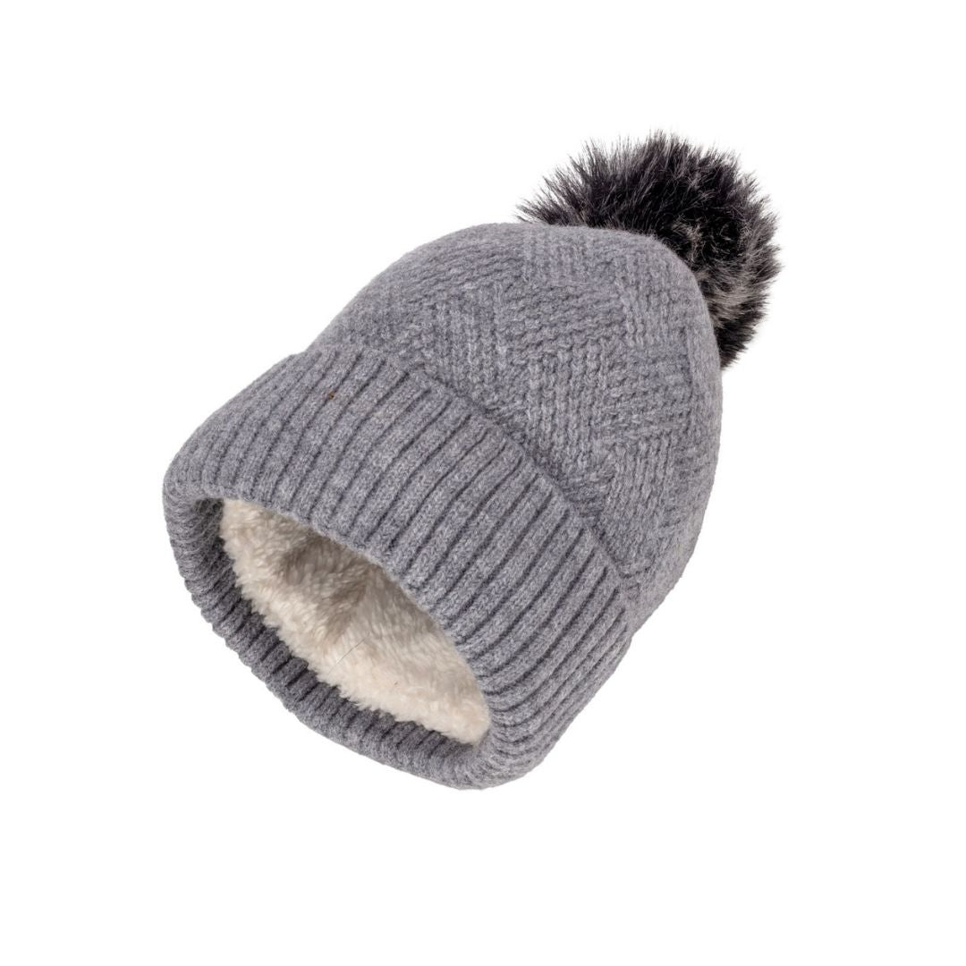 Knitted Weave Pom Pom Hat Grey