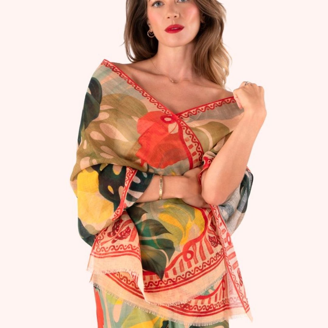 Linen/Cotton Mix Scarf - Exotic Leaves