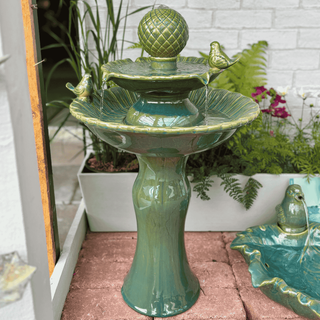 Water Feature Tiered Bird Bath Ceramic - Green