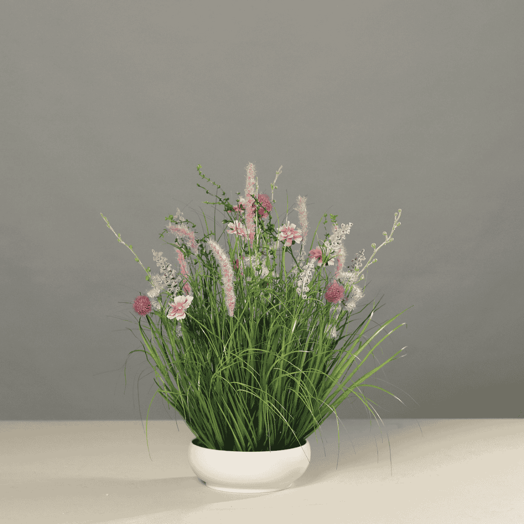 Artificial Pink Meadow Flowers in Bowl 50cm