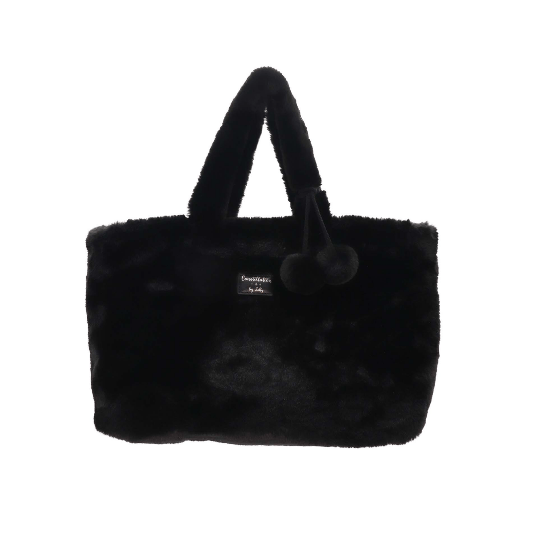 Bag Faux Fur With Pompoms - Black