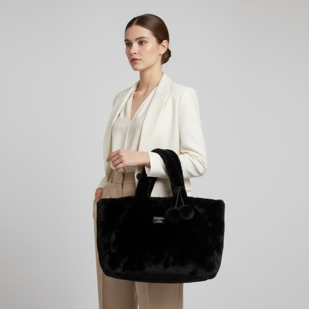 Bag Faux Fur With Pompoms - Black