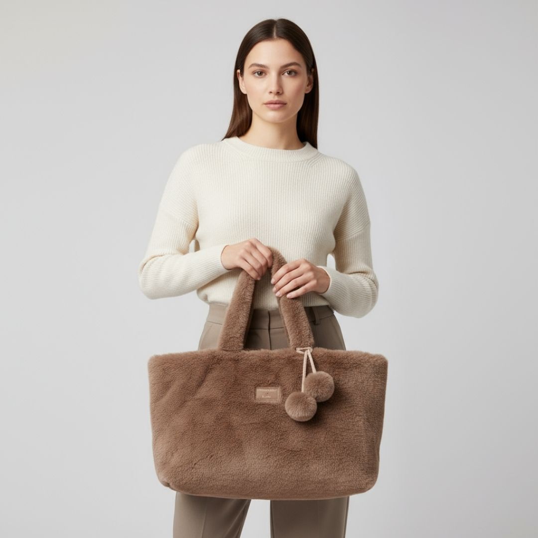 Bag Faux Fur With Pompoms - Taupe