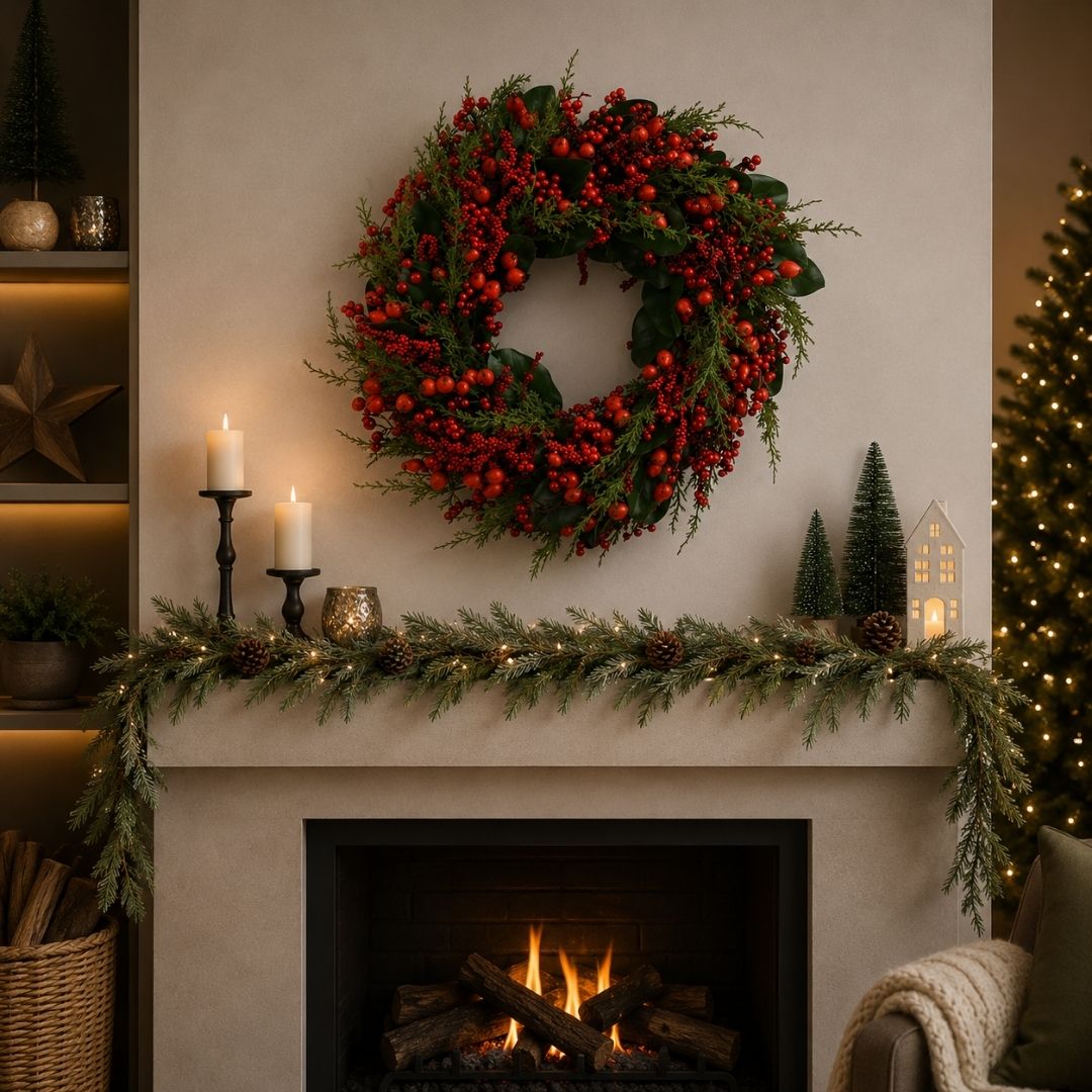 Christmas Artificial Wreath Red Berries 60cm