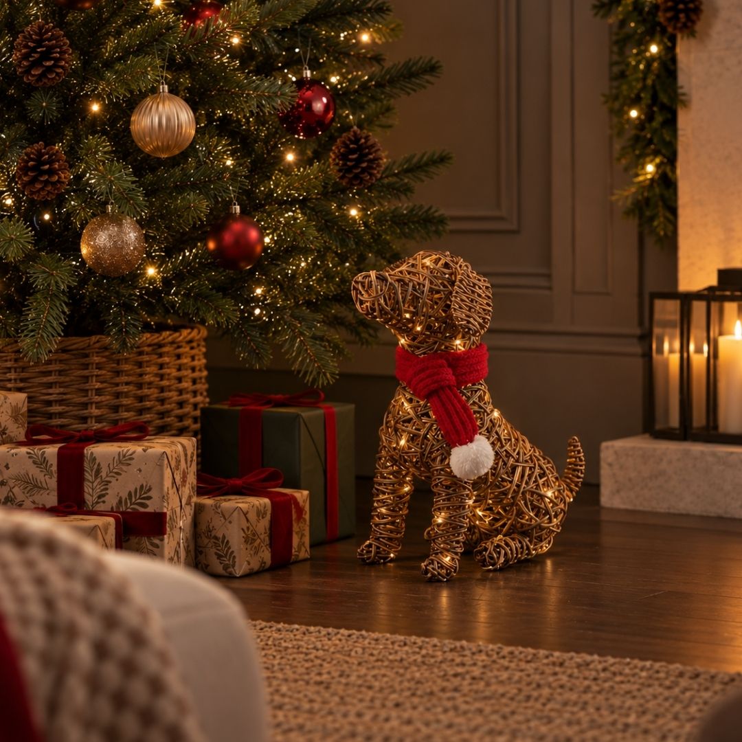 Wicker Sitting Dog 60 LED - 44cm