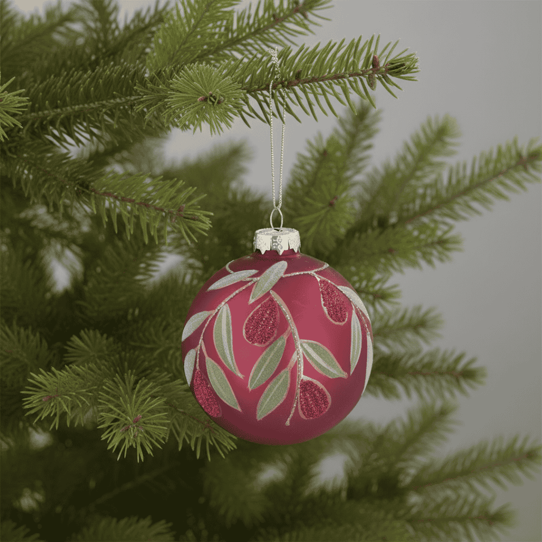 Christmas Glass Bauble - Cerise with Beaded Fruit/Leaves