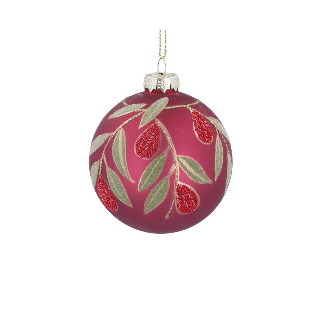 Christmas Glass Bauble - Cerise with Beaded Fruit/Leaves