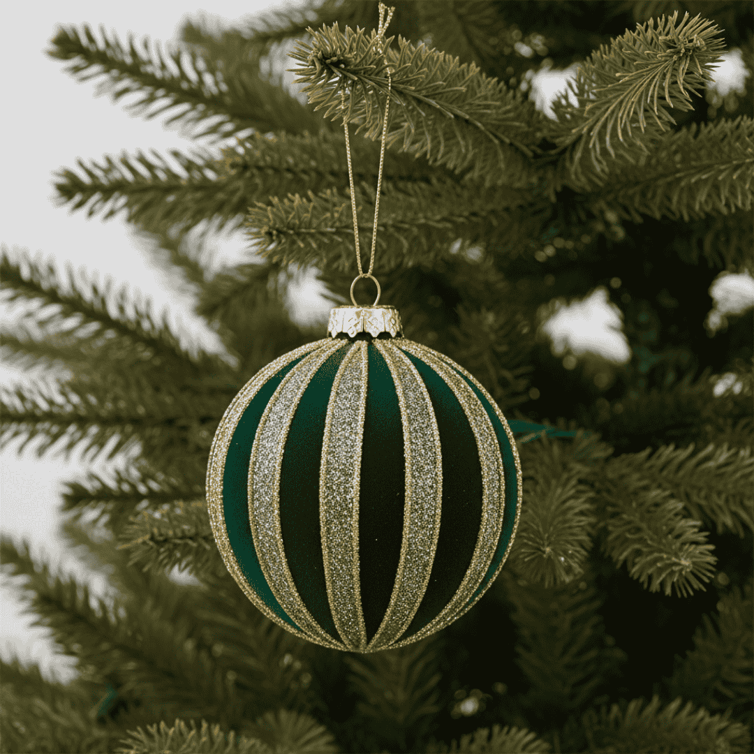 Christmas Glass Bauble - Green Flock & Glitter Stripes