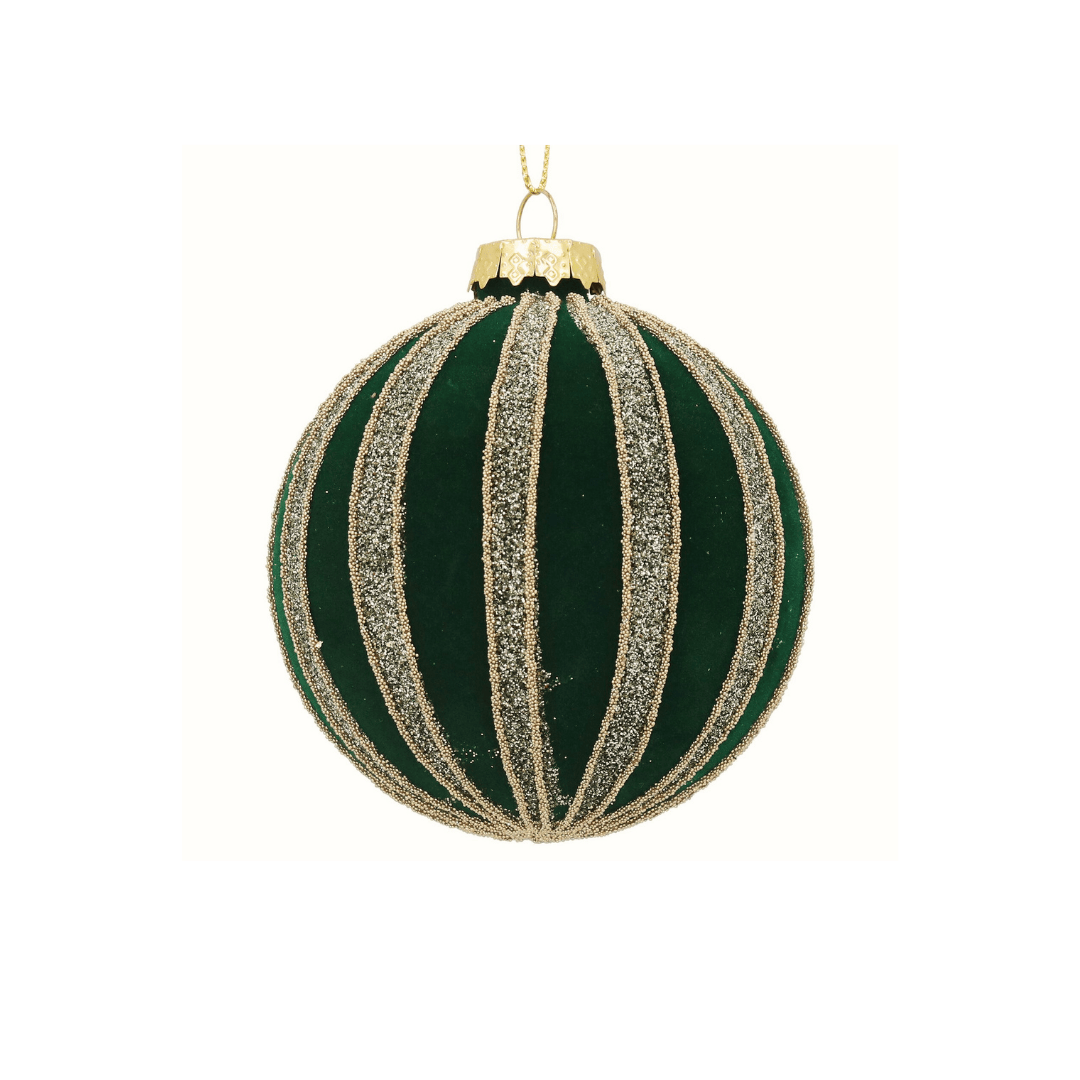 Christmas Glass Bauble - Green Flock & Glitter Stripes