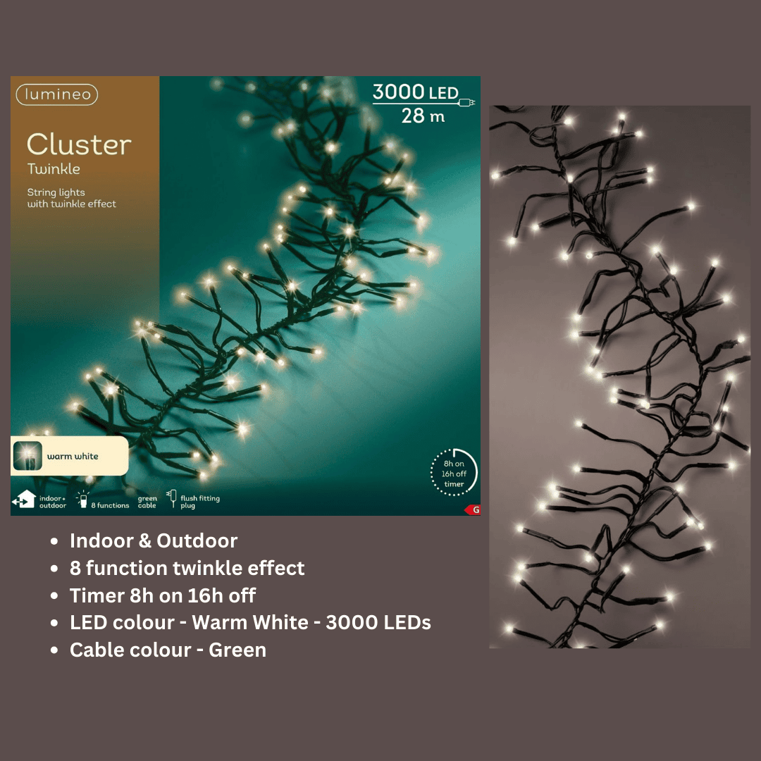 Christmas LED Cluster Lights Warm White 3000 LED - Ideal for 9ft Tree
