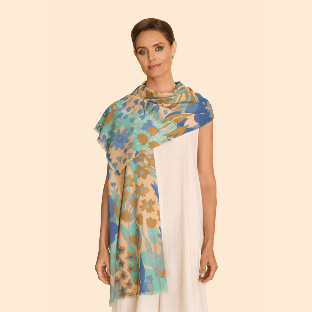 Cotton Scarf - Springtime Floral - Denim