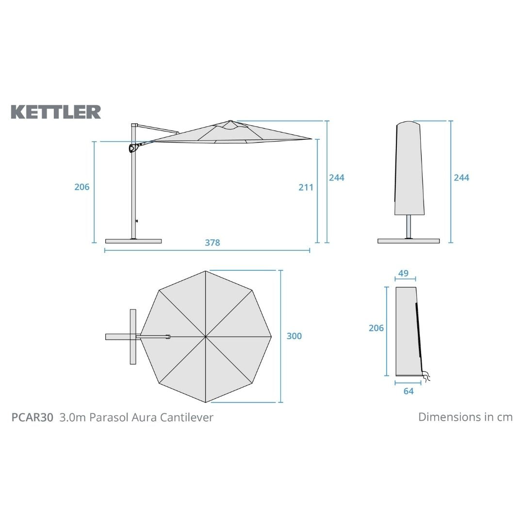 Kettler Aura Free Arm Round Parasol 3m - Slate