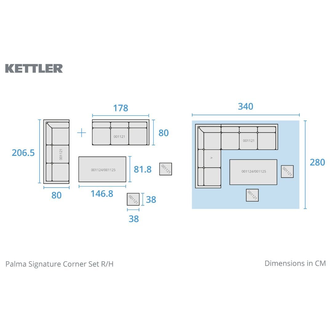 Kettler Palma Corner Set (RH) with High/Low Glass Top Table