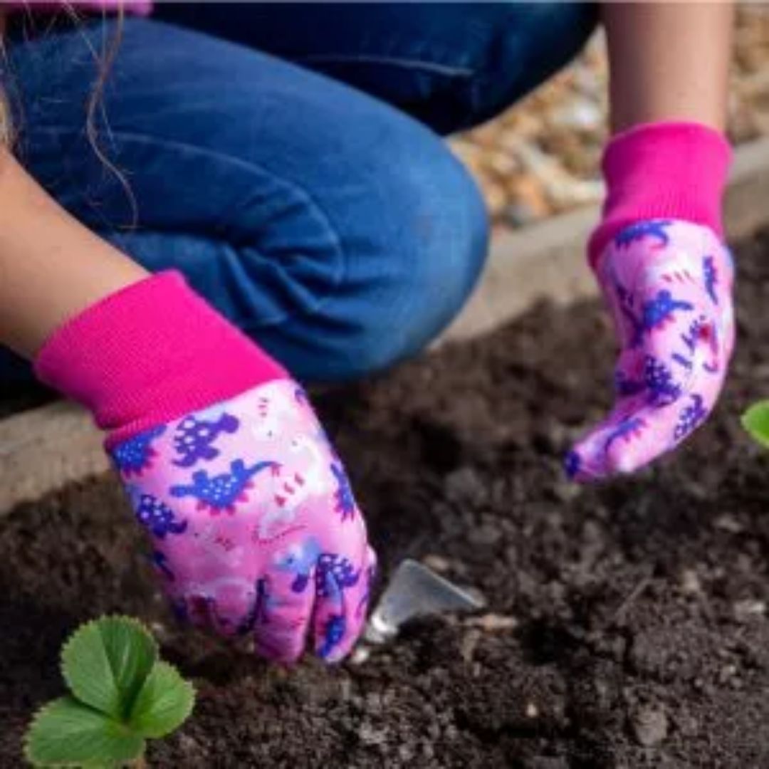 Kids Gardening Gloves Dinosaur Pink