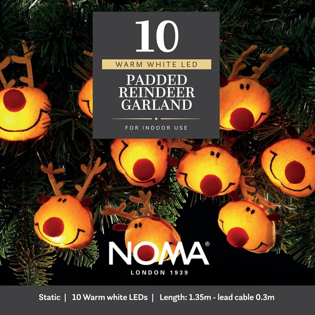 Christmas Lights Padded Reindeer Garland 10 Warm White LED - Battery Operated