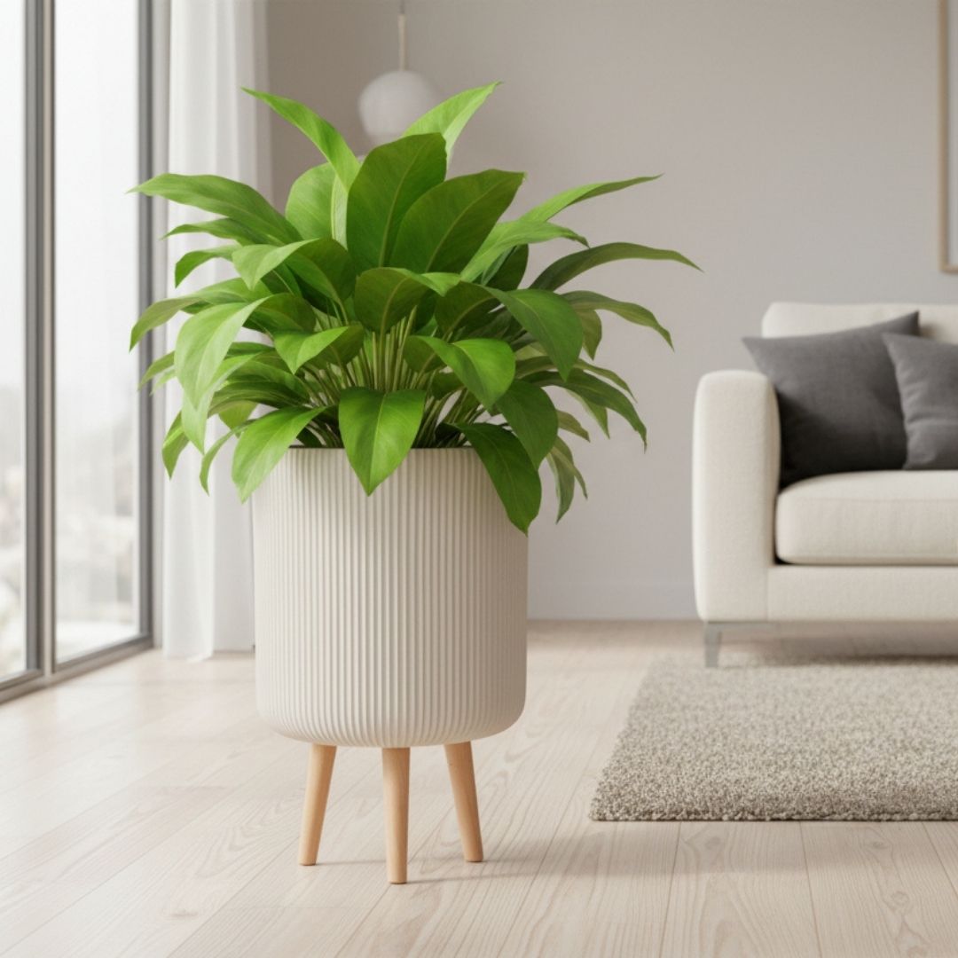 plant pot on wooden legs Nuovo Indoor Pot on Stand Beige – Ribbed Planter with Wooden Legs