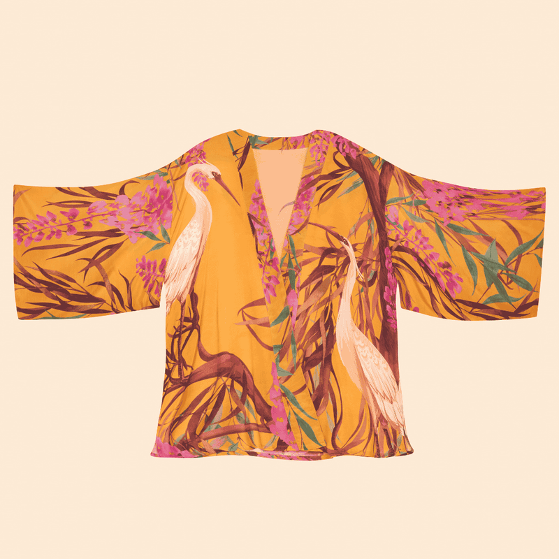 Oriental Crane Kimono Jacket Ochre