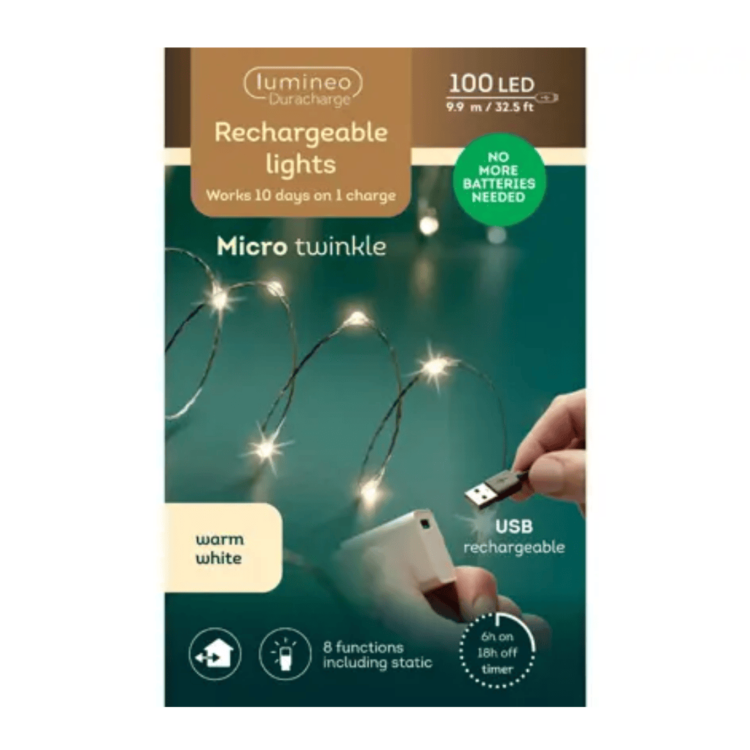Rechargeable Micro Twinkle Christmas Lights Warm White