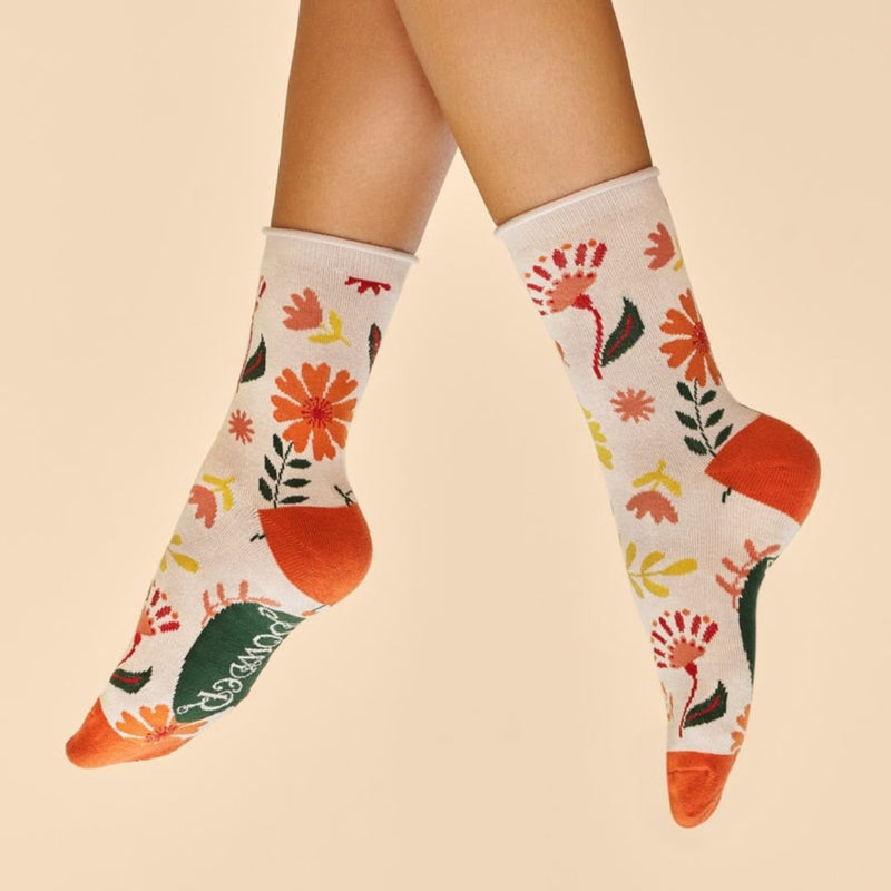 Watercolour Flowers Ankle Socks - Cream