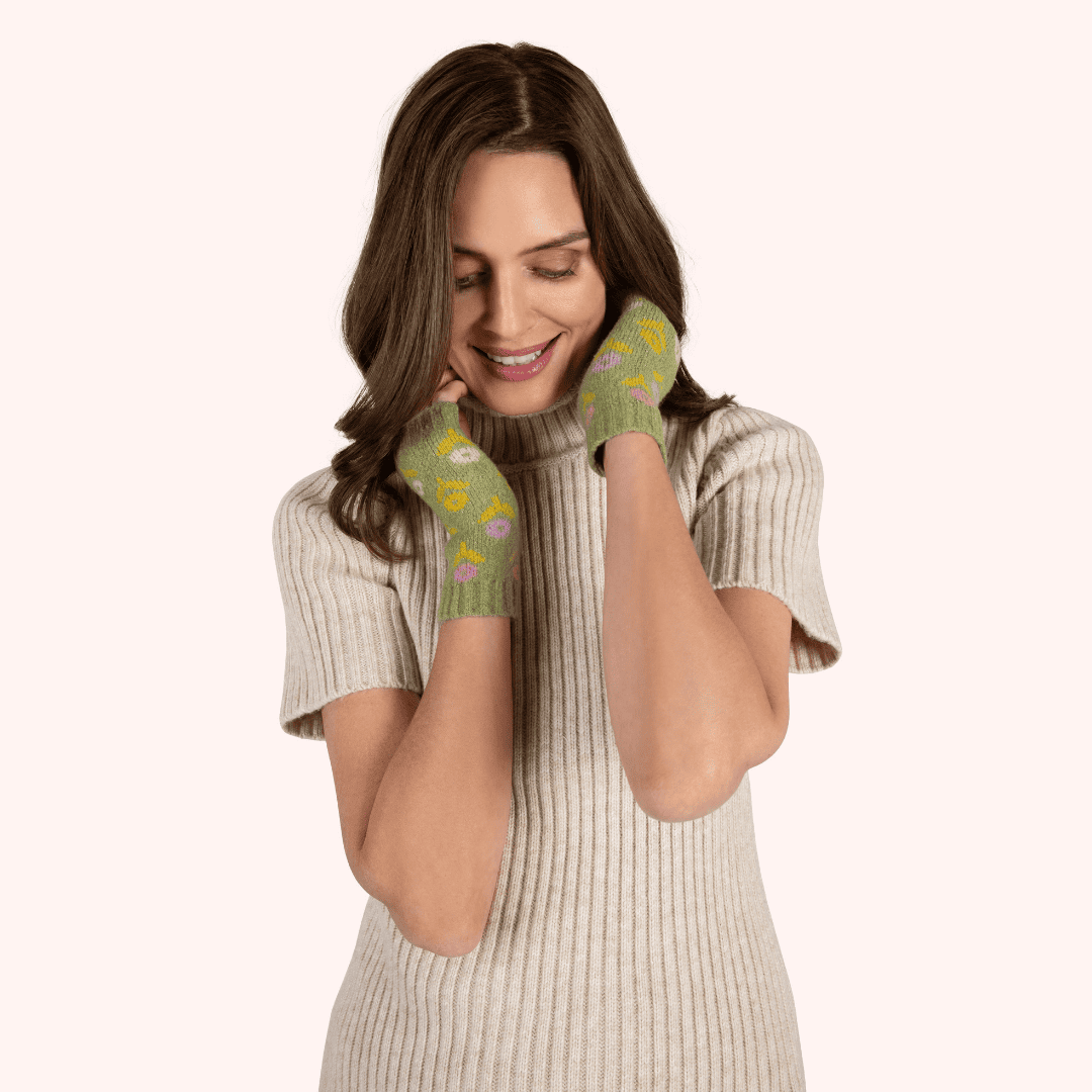 Willow Ditsy Flower Pompom Wrist Warmers - Sage